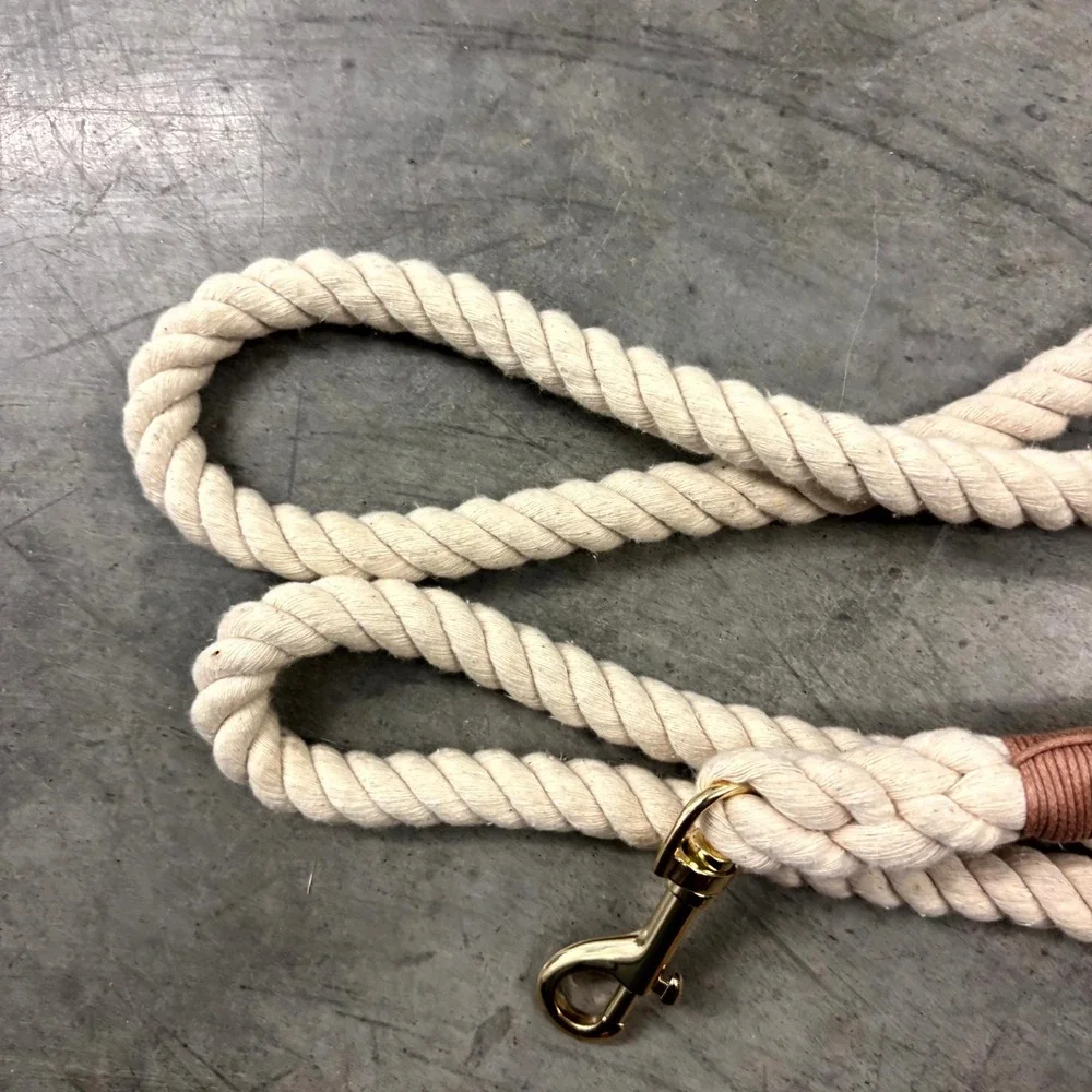 Lucky Pup Cotton Rope Dog Leash Cream Gold Hardware Handcrafted Style 5ft